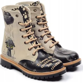 Dámská zimní obuv Dámské béžové šněrovací kotníkové boty Goby s černou kočkou a nápisy 40