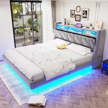 Postel Čalouněná postel Dvoulůžko LED Zásuvky Úložné prostory šedá 180x200cm