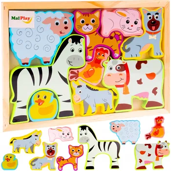 Puzzle DŘEVĚNÉ PUZZLE FARMA ZOO ZVÍŘÁTKA MONTESSORI PUZZLE DESKA 9 DÍLKŮ