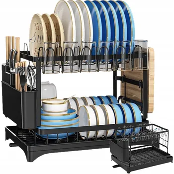 Odkapávač na nádobí ODKAPÁVAČ NA NÁDOBÍ DVOUÚROVŇOVÝ S TÁCEM NA TALÍŘE PŘÍBORY HRNKY