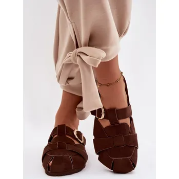 Dámské žabky Dámské mules s pásky a zlatým přezkou Čokoládové Ganelle 40