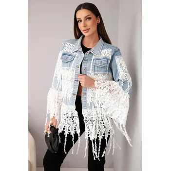 Dámská džínová bunda bavlněná s krajkou a třásněmi jasně džínová UNI