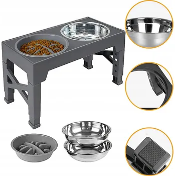 Miska pro psa MISKI NA STOJAKU REGULOWANYM Dvojitá miska pro psa s nastavitelným stojanem – velká, proti rozlití, 2v1