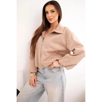 Dámská bunda se zipem a balónovými rukávy camelová UNI