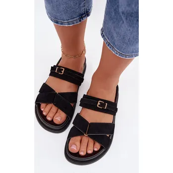 Dámské žabky Dámské pantofle s pásky a zlatým přezkou Černé Selorina 38