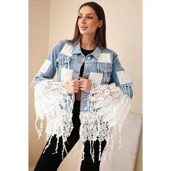 Dámská bavlněná džínová bunda s třásněmi a krajkou v boho stylu světle džínová UNI