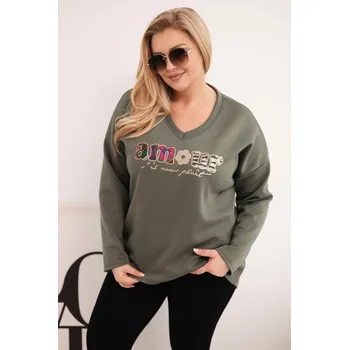 Dámská mikina Dámská mikina Plus Size s nápisem a výstřihem do V khaki UNI