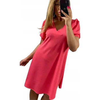 Dámské šaty V657 ŠATY KRÁTKÝ RUKÁV HLADKÉ VÝSTŘIH DO V KORÁLOVÉ vel. 46 (3XL)