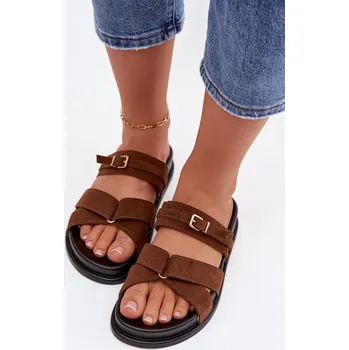 Dámské žabky Dámské pantofle s pásky a zlatým sponou Hnědé Selorina 37