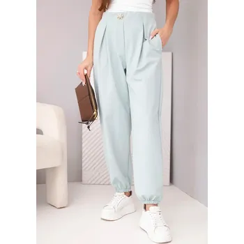 Dámské kalhoty Dámské bavlněné kalhoty s vysokým pasem a ozdobným knoflíkem tmavě mátové UNI