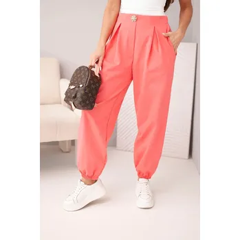 Dámské kalhoty Dámské bavlněné kalhoty s vysokým pasem a ozdobným knoflíkem růžové UNI