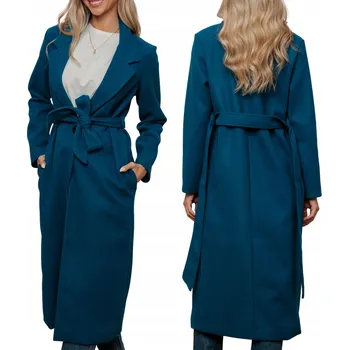 Dámský kabát Elegantní dámský dlouhý kabát s vázáním, flaušový, klasický námořnický S