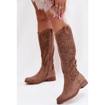 Dámské kozačky Dámské perforované kozačky na plochém podpatku S.Barski HY61-8023 Hnědé 39