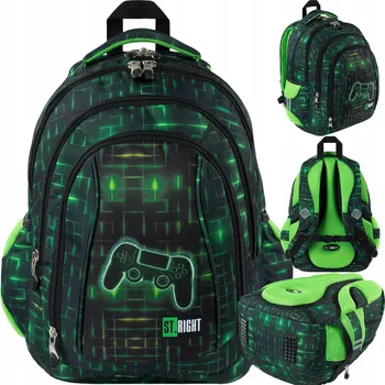 Školní batoh St.Right s více přihrádkami, černý, zelený, 26 l
