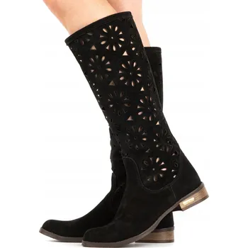 Dámské kozačky Dámské kozačky s prořezávaným vzorem, semišové, pravá kůže NO černé 40