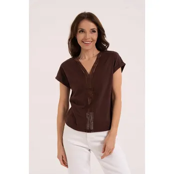 Dámská halenka DÁMSKÁ BAVLNĚNÁ BLŮZKA S AŽUROVOU VLOŽKOU VÝSTŘIH DO V MORAJ HNĚDÁ M