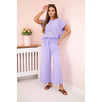 Dámská halenka Viskózový komplet plisovaná halenka + kalhoty světle fialová UNI