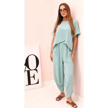 Dámská halenka Komplet z viskózy halenka + kalhoty tmavá máta UNI