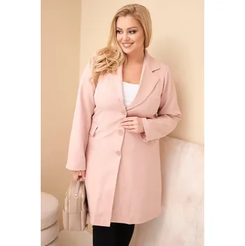 Dámský kabát Dámský kabát Plus Size dlouhý s límcem a kapsami tmavě pudrově růžový UNI