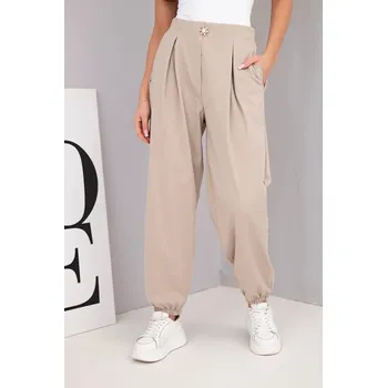 Dámské kalhoty Dámské bavlněné kalhoty s vysokým pasem a ozdobným knoflíkem béžové UNI