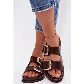 Dámské žabky Dámské ekologické kožené pantofle se zlatými sponami Čokoládové Tervessa 36