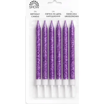 Dortová svíčka Narozeninové svíčky fialové s třpytkami – 6 kusů