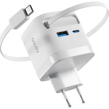 Mobilní telefon Epico UltraBoost Retractable GaN 65W adaptér EA65c se zabudovaným kabelem