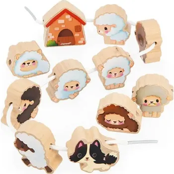 Dřevěná hračka Vzdělávací navlékání s dřevěnými ovečkami Farma, 2 roky+, Janod