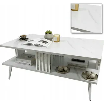 Konferenční stolek Konferenční stolek do obýváku bílý mramor obdélníkový dvoupodlažní s poličkou