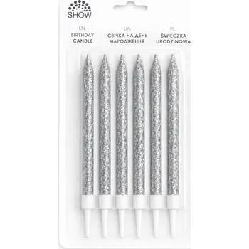 Dortová svíčka Narozeninové svíčky stříbrné s třpytkami 6 ks