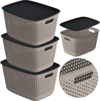 Úložný box 3X PLASTOVÁ PROLAMOVANÁ NÁDOBA KRABIČKA S VÍKEM NÁDOBY BOX 17L HNĚDÁ