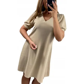 Dámské šaty V657 ŠATY KRÁTKÝ RUKÁV HLADKÉ VÝSTŘIH DO V BÉŽOVÁ vel. 48 (4XL)