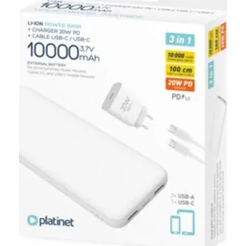 PLATINET POWER BANK 10000 mAh + PD CHARGER 20W + USB-C kabel bílá