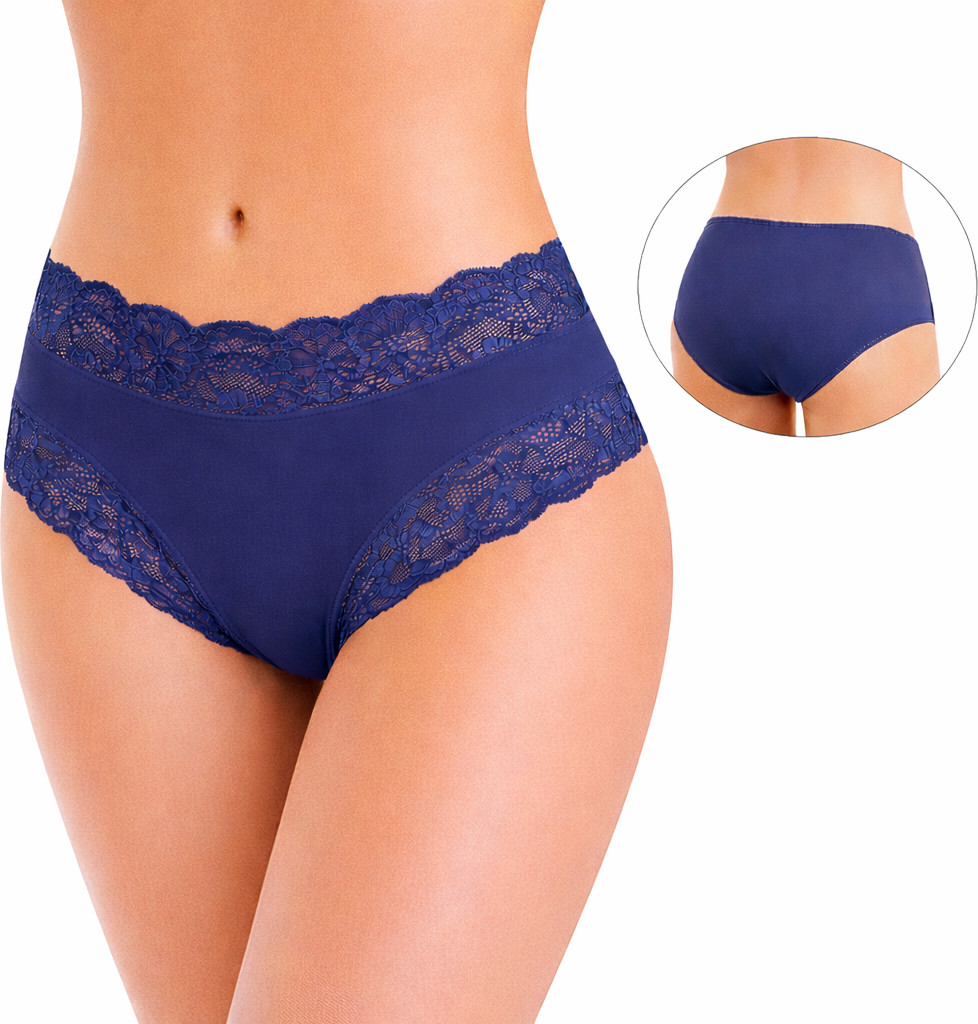 JADEA - Bavlněné kalhotky s vyšším pasem a krajkou art. 742 - modrá - slate blue/S