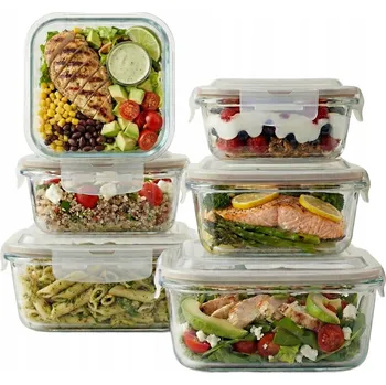 Dóza na potraviny 6x Skleněné nádoby na potraviny s víkem, žáruvzdorná sada obědových boxů
