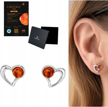 Náušnice Náušnice serca oczko srebrne z BURSZTYNEM TYČINKY STŘÍBRO 925 ŠROUBKY FILM