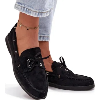 Dámské mokasíny DÁMSKÉ MOKASÍNY Z EKO SEMIŠE, ČERNÉ, PLOCHÝ PODPATEK, ŠNĚROVACÍ - VELIKOST 40