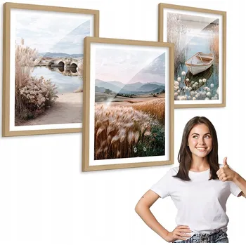 Obraz Sada 3 obrazů BOHO NATURA LOĎKA dřevěný rámeček 30x40 triptych do kuchyně