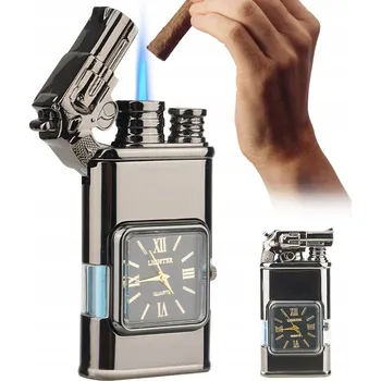 DVOJITÝ PLAMEN ZAPALOVAČ S KŘEMENNÝMI HODINKAMI A NASTAVENÍM ČASU - ČERNÁ