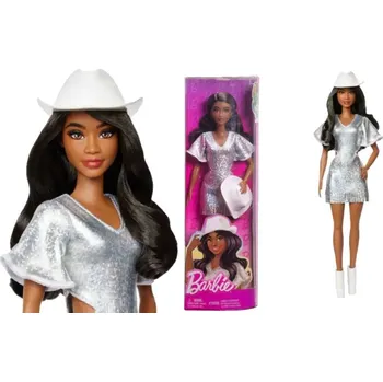 Panenka Barbie Fashionistas #239 s černými vlasy v třpytivých stříbrných třásních
