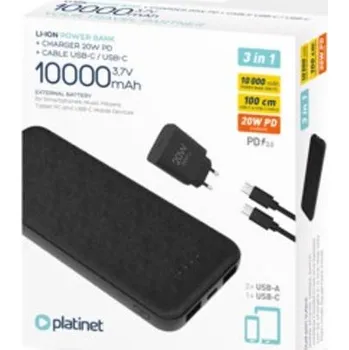 PLATINET POWER BANK 10000 mAh + PD CHARGER 20W + USB-C kabel černá