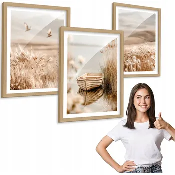 Obraz Sada 3 obrazů BOHO VZOR LODĚ JEZERO + dřevěný rámeček 30x40 triptych