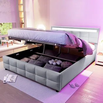 Postel Čalouněná postel 180x200 cm dvoulůžko s hydraulickým mechanismem a LED osvětlením, šedá