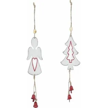 Vánoční dekorace Závěs stromek/anděl se zvonkem, bílá, 6,5x15x1,5cm, balení obsahuje 2 kusy!|Ego Dekor
