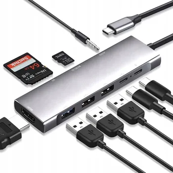 USB hub HUB 9v1 USB-C Adaptér Rozbočovač HDMI 4k UHD Čtečka Micro SD karet 3x USB 3.0 PD