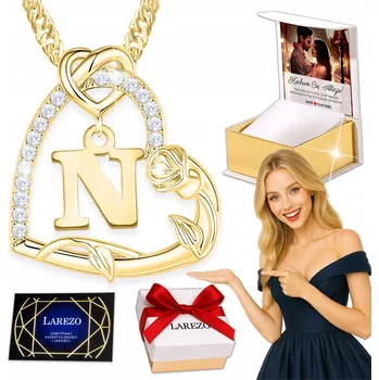 Náhrdelník Zlatý náhrdelník s písmenem N, srdíčkem a zirkony, květina růže, STŘÍBRO 925