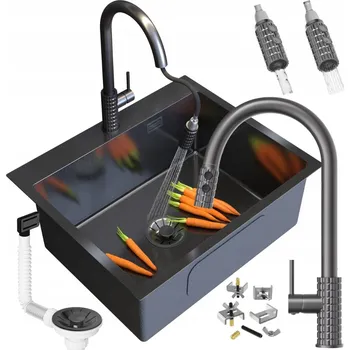 Granitový dřez DŘEZ OCELOVÝ JEDNOKOMOROVÝ ČERNÝ SILVO60 BATERIE SNAKE PRO SIFON LUX