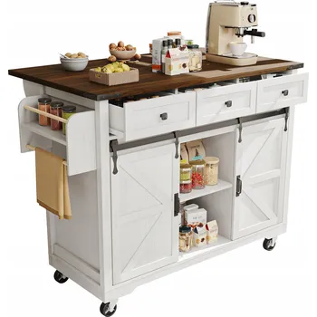 Servírovací stolek Kuchyňský ostrov Mobilní vozík na servírování 2 dvířka 3 zásuvky Bílý