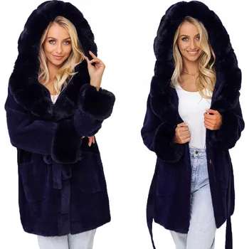 Dámský kabát MĚKOUČKÝ ALPACA KABÁT S KOŽÍŠKEM, ALPACA S PÁSKEM, TMAVĚ MODRÝ