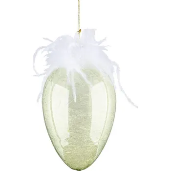 Velikonoční dekorace Vejce s peříčky na zavěšení, sklo, zelená|bílá, pr.6,2x8,6cm (DOPRODEJ)|Ego Dekor